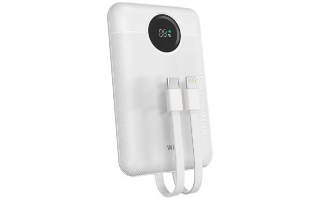 WiWU Wi-P022 Galaxy Power Bank 22.5w, 10000mAh Fast Charging, with Dual Built-in charging cable Type-C + Lightning - White